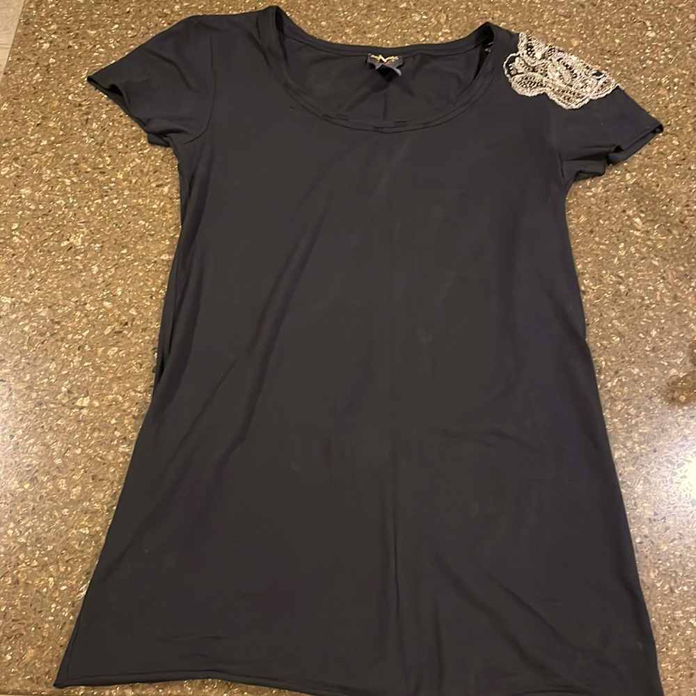 DEX Black Tee Shirt Top Embellished Sequin Sleeve Small